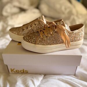 Keds Girls' Gold Glitter Ribbon Lace Platform Sneakers